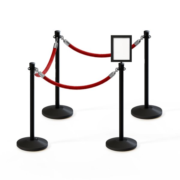 Montour Line Stanchion Post and Rope Kit Black, 4CrownTop 3RedRope 8.5x11V Sign C-Kit-3-BK-CN-1-Tapped-1-8511-V-3-ER-RD-PS